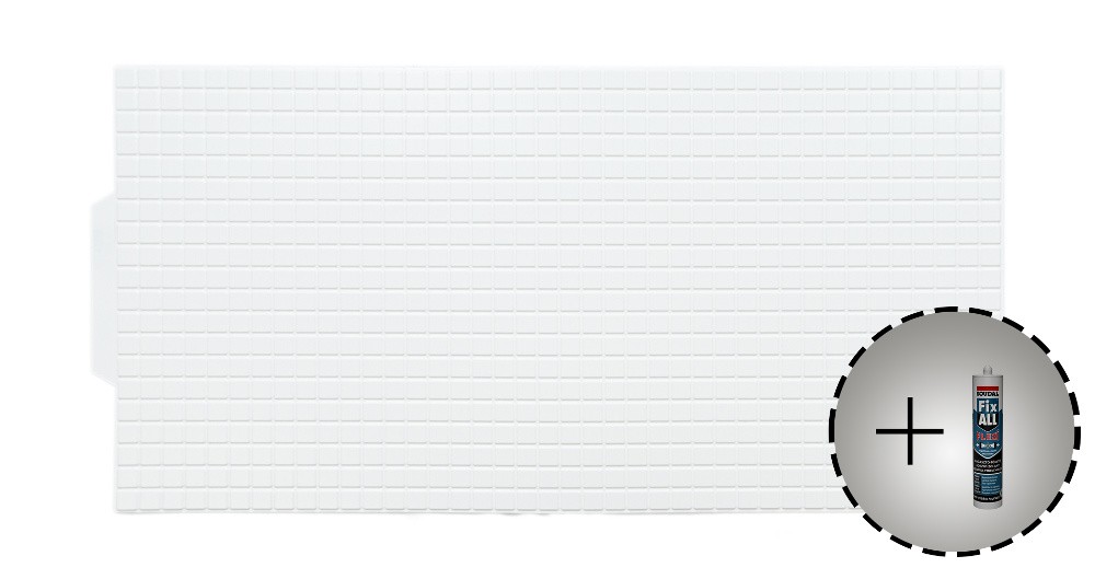 3D PVC falpanel Fényes fehér mozaik 2x2 cm, mintás csomag (10 db + 3 db Fix All ragasztó)